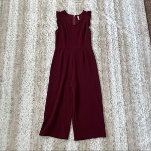 Maroon wide leg ruffle sleeve jumpsuit